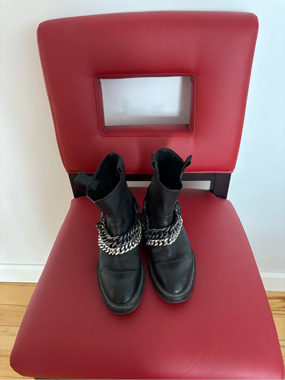 Zara Black Leather Ankle Boots with Chunky Silver Chain